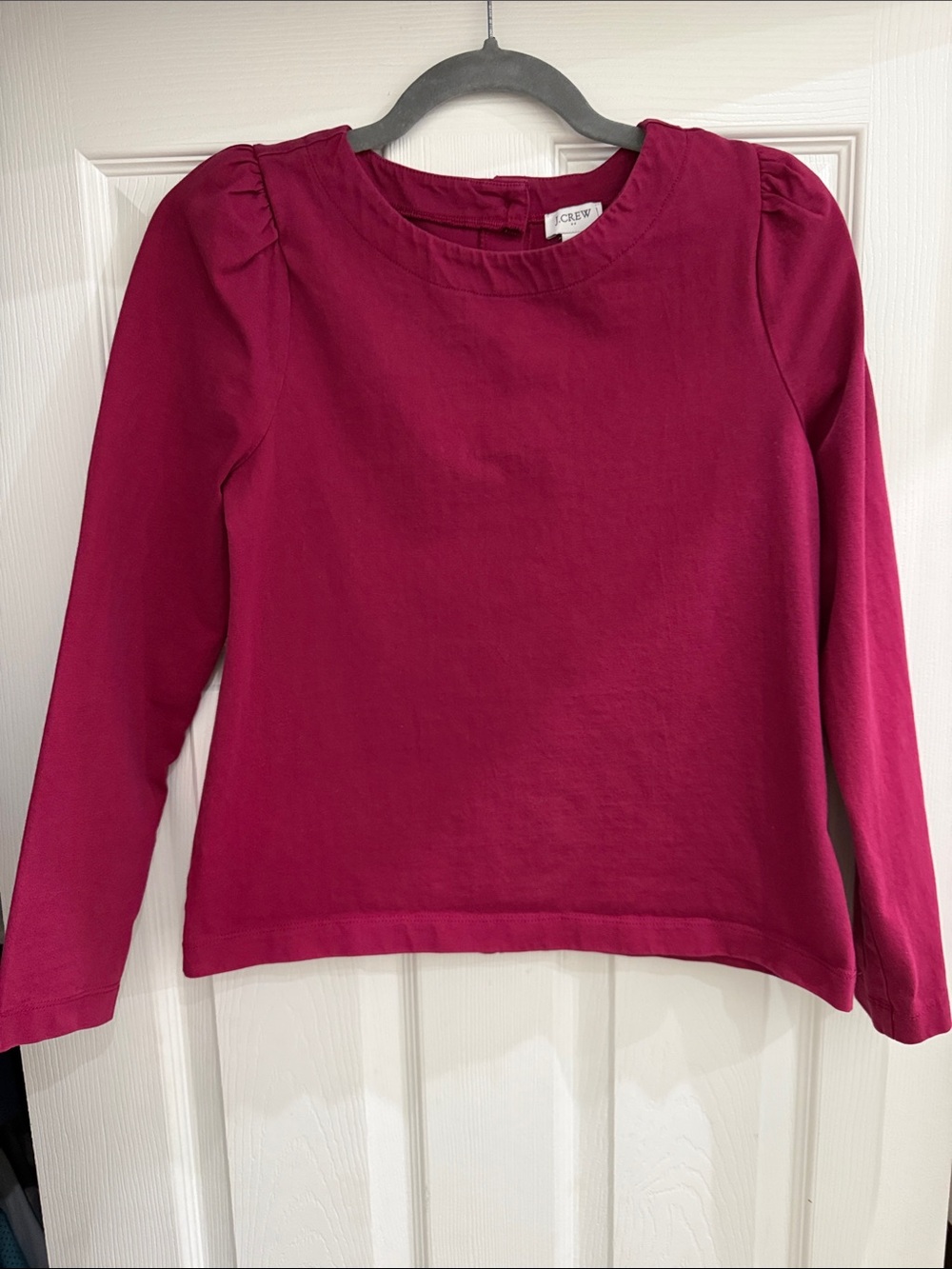 J. Crew Long-Sleeve Top in Berry Fuchsia with gold buttons accent on back